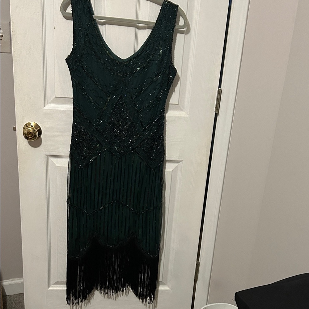 Sleeveless Beaded Fringe Midi Dress in Deep Green